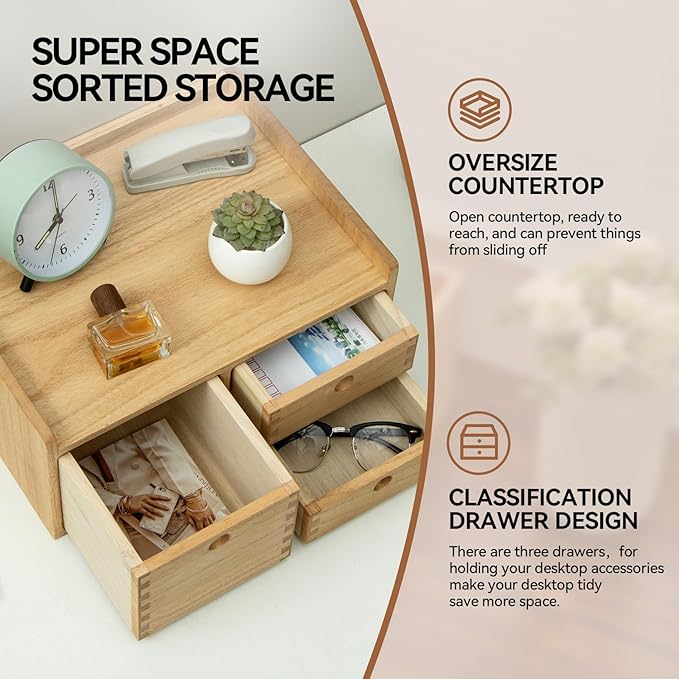 KIRIGEN Desk Organizer with 3 Drawers - Wood Drawer Storage Box with Trays for Tabletop - Workspace Office Toiletries Supplies Tool Caddy - Wooden Storage Cabinet Natural（DT1D3C-NA）