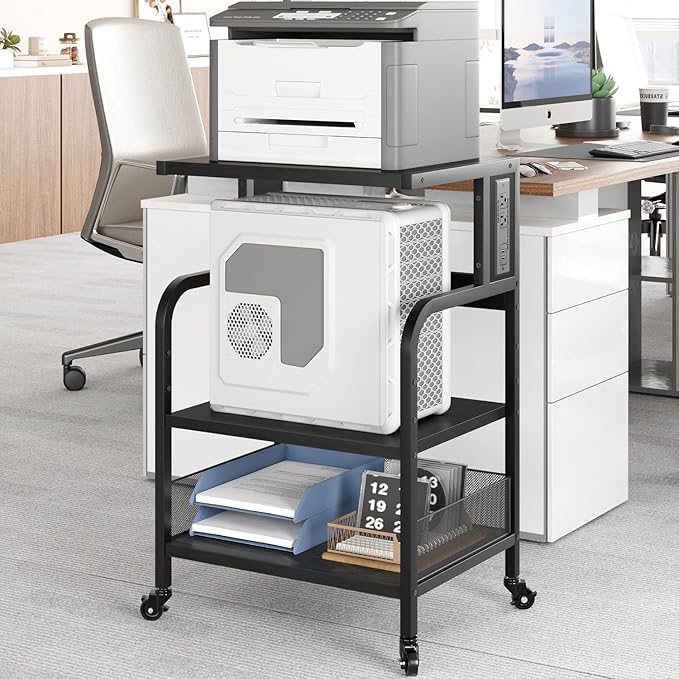 Printer Stand with Power Outlet, Large Printer Table with Adjustable Storage Shelf, 3 Tier Office Rolling Printer Stand with Wheels for Home Office, Fax Machines, Scanners, Rustic Black