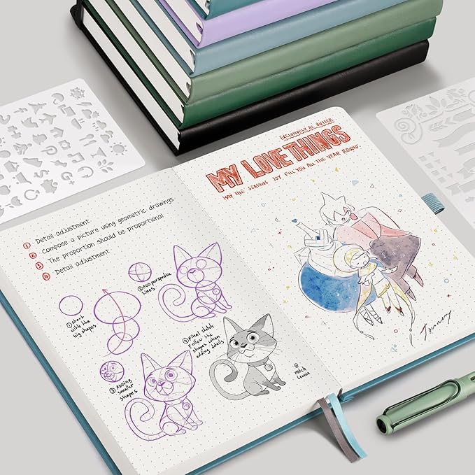 EMSHOI Bullet Dotted Journal Notebook - 320 Pages, 100gsm Thick Paper, A5 Hardcover Leather, Dot Grid Notebook for Women Men Work Writing, Bullet Journaling, Drawing, 5.75 x 8.38, Light Blue