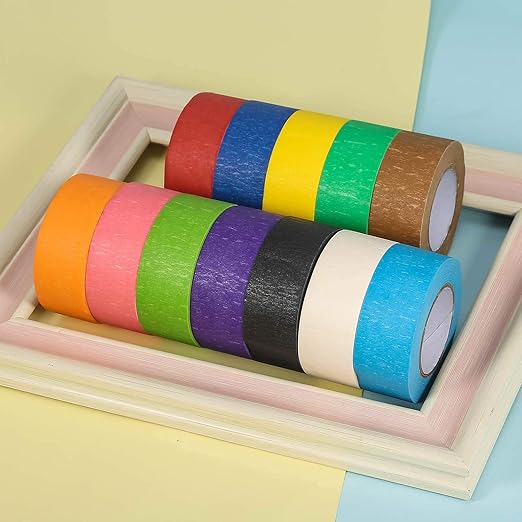 Feeke Colorful Masking Tape,Decorative Colored DIY Tape for Arts & Crafts, Labeling or Coding - Art Supplies for Kids - 12 Different Color Rolls, 1 Inch x 16 Yards, Small