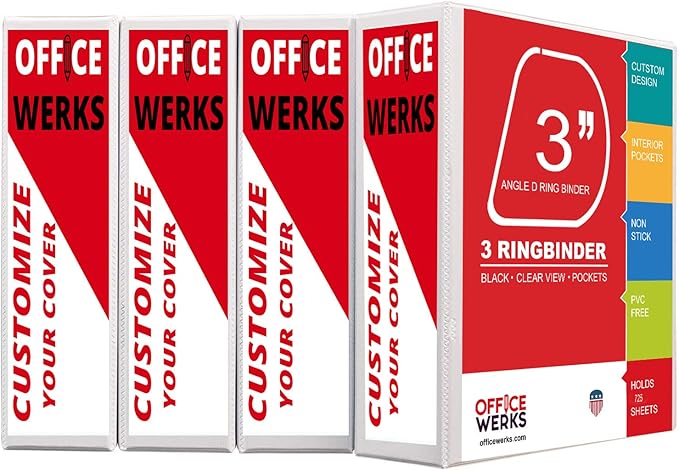 3 Ring Binders, 3 Inch Angle D-Rings, White, 4 Pack, Clear View, Pockets