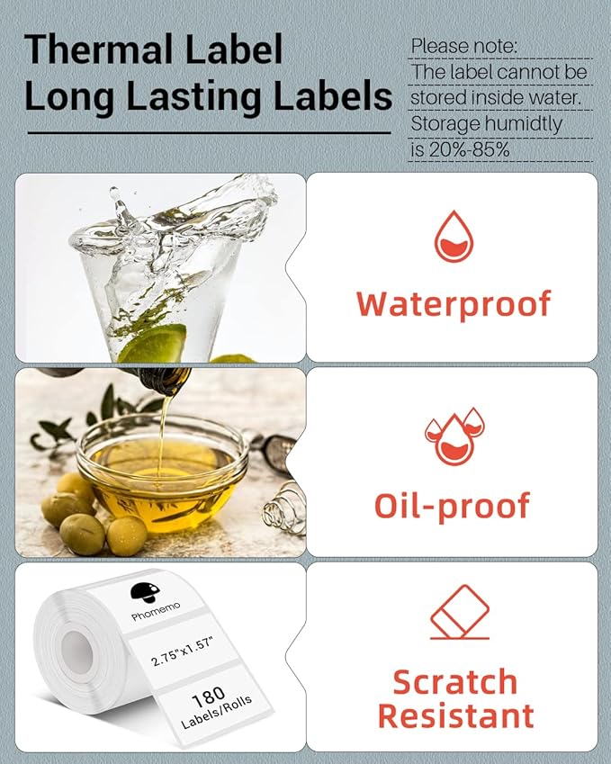 Phomemo Thermal Sticker Labels- 2.75"x1.57"(70x40mm) Thermal Label for M221/M220/M200, for Barcode/Address/Mailing/Logo/Business/Home Tag, Black on White
