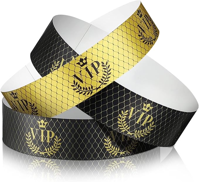 Jadive 500 Pieces Paper Wristbands VIP Plastic Waterproof Party Identification Wristbands Party Bracelets for Events Amusement Parks, Club, Concerts, Fairs, Festivals and Events(Black, Gold)