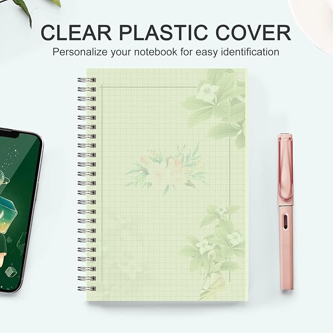 AHGXG Graph Paper Notebook 3 Pack- A5 Grid Notebook Spiral, Thick 100gsm Graph Paper, Transparent Hardcover, 80 Sheets, for Women School Artist Writing Drawing, 5.7"x 8.3", Yellow, Green, Blue