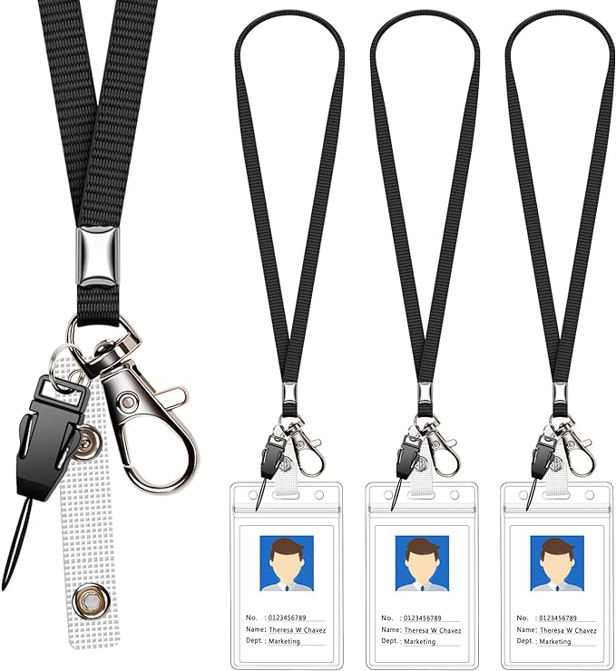 3 Pack Neck Lanyard with ID Badge Holder, Office Strap Lanyards, Stainless Metal Swivel Hook for Name Tag, Badge Holders, Keychains, Card, Black