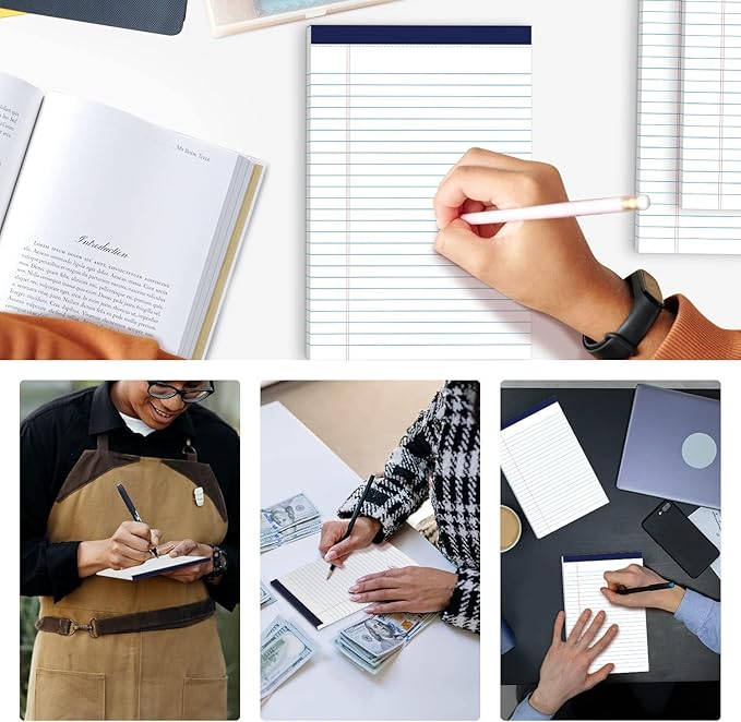Legal Note Pads 5" x 8" College Ruled Small Writing Pads, 80gsm/21lb White Lined Paper, 30 Sheets per Notepad, 12 Pads per Pack, Perforated To Do List Legal Pads for Versatile Use