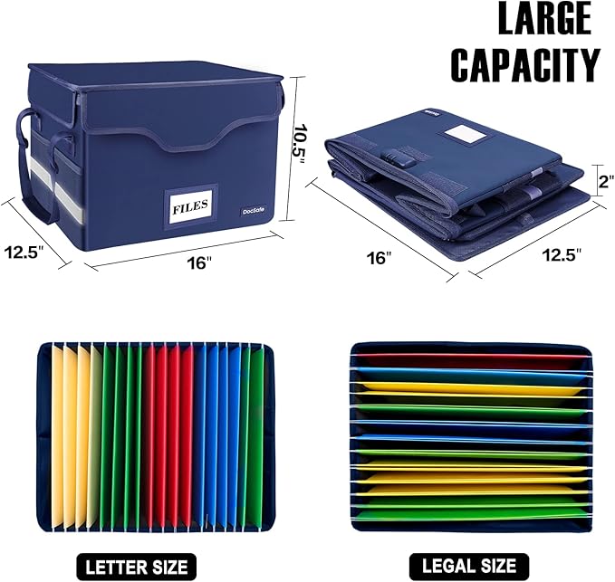 DocSafe File Box Fireproof Document Box with Lock,File Storage Organizer Box with Insert Pocket,Collapsible Portable File Box Home Office File Cabinet with Handle for Hanging Letter/Legal Folder,Blue