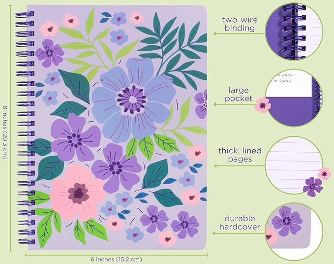 Steel Mill & Co Cute Mini Spiral Notebook, 8.25" x 6.25" Journal with Durable Hardcover and 160 Lined Pages, Lilac Floral