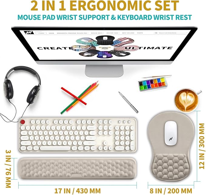 Hokafenle 2 in 1 Ergonomic Mouse Pad Wrist Support & Wrist Rest for Computer Keyboard Set, with Relieve Carpal Tunnel Pain Massage Bulge and Full Memory Gel Design (2In1 Set, Apricot)