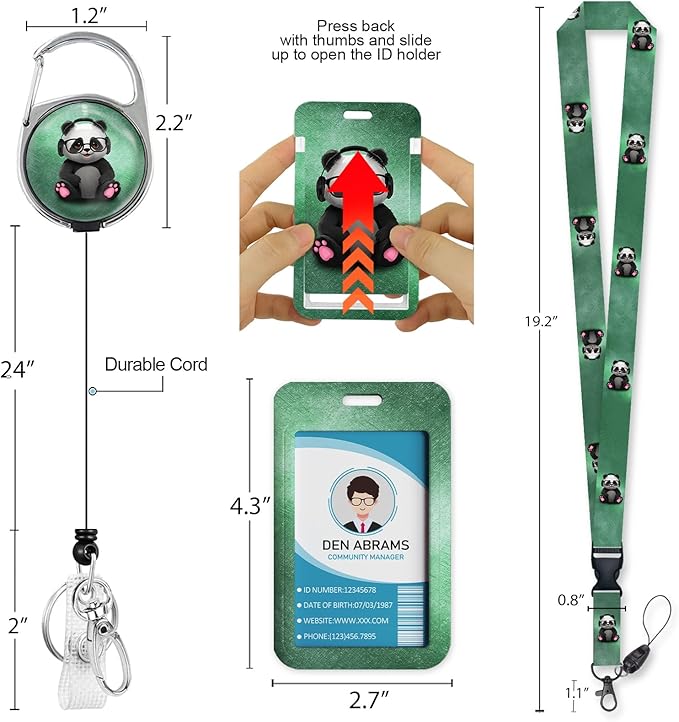 ID Badge Holder with Lanyard, Cute Badge Holder with Retractable Heavy Duty Badge Reel Clip, Panda Name Tag Lanyard Vertical ID Card Protector Cover for Women Teacher Nurses Doctor Student