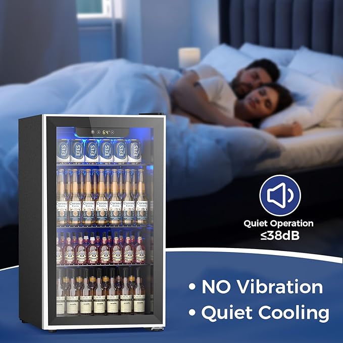 26 Bottle Wine Cooler 130 Can Beverage Refrigerator, Small Freestanding Cabinet Wine Cellar with 40℉-61℉ Temperature Control Glass Door, Black