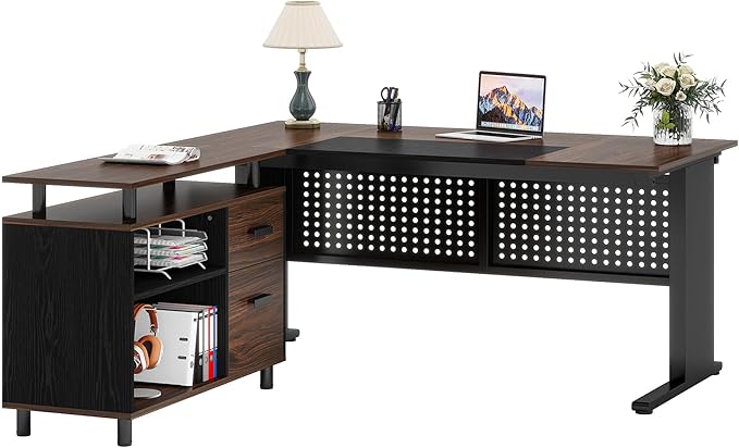 Tribesigns 63 Inch Executive Desk with File Cabinet, Large Office Desk L Shaped Computer Desk with Drawers and Storage Shelves, Business Furniture Desk for Home Office, Dark Walnut and Black