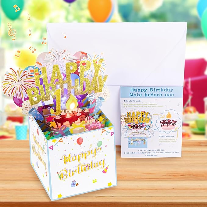 Tnvee 1ST Birthday Cards with Lights & Music & Candle, 3D Pop Up Singing Happy Birthday Greeting Cards Gfits for 1 Years Old Girl Boy Daughter Son