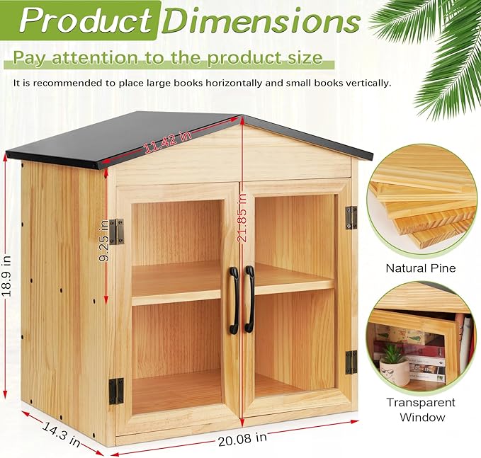 Outdoor Library Box Literature Exchange Box Outdoor Book Storage Little Wood Cabinet for DIY, Neighborhoods Community and Schools Sharing Books, Literature and Newspapers (20x14x21 Inch)