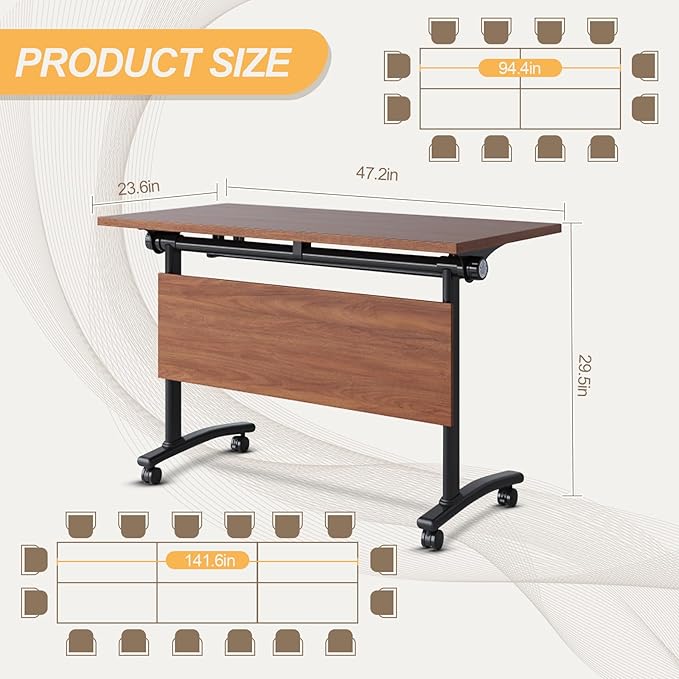 Conference Room Table with Silent Wheels, Mobile Folding Conference Table for 16 Person,Flip Top Office Training Tables with Walnuts Wood Tabletop, for School,Business Meeting Rooms (8Pack 47in)