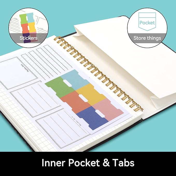 Alltree Spiral Graph Grid Notebook for Work, Leather Hardcover Spiral Notebook with Tabs, Pen Loop, Pocket, Stickers, 160 Pages, Journal for Women & Men, Black(6"x8.5")