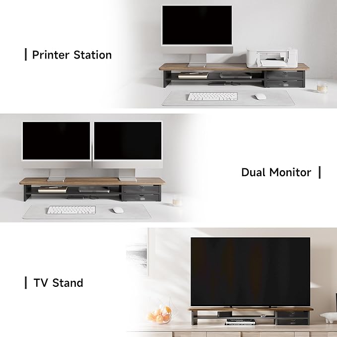 Fenge Monitor Stand, Dual Monitor Riser, 42.5inch Large Desk Computer Monitor Stand Riser with Drawer, 2 Tier Wood & Acrylic Desktop Organizer for Computer, Laptop, Printer, TV Screen Riser