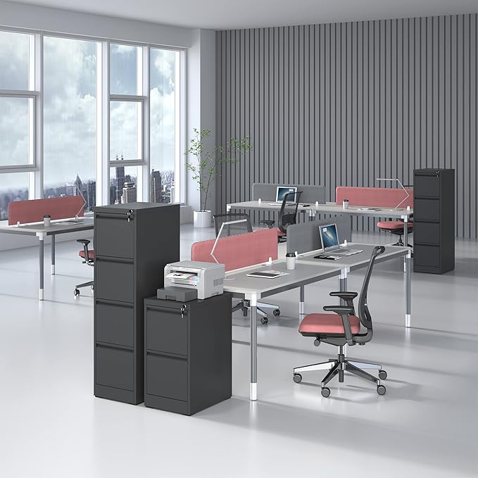 4 Drawer File Cabinet with Lock, Vertical File Cabinet with Lock, Locking File Cabinet Hanging Files for A4/ Legal/Letter, Require Assembly, Black