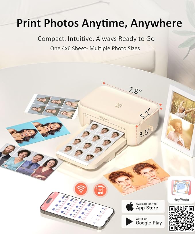 CP4100 4x6 Photo Printer with 108 Sheets & 2 Ribbons, Full-Color Thermal Dye Sublimation Wi-Fi Printing, Portable Instant Picture Printer for iPhone/Android, AR Video, Fun App, Home Use, Beige