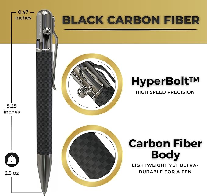 BASTION® Luxury Carbon Fiber Bolt Action Pen, Durable Professional Ballpoint Pen for Travel, School and Work Birthday Gift Idea - Carbon Fiber and Stainless Steel
