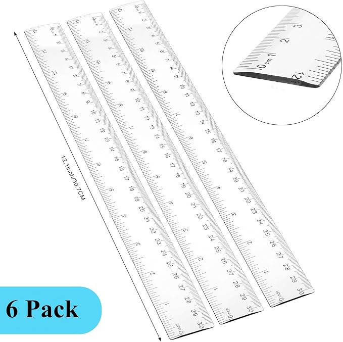 Zonon 6 Pcs 12 Inch Ruler Bulk Plastic Flexible Straight Metric Rulers with Centimeters and Inches Drafting Measuring Tool for Classroom School Students Education (Clear)