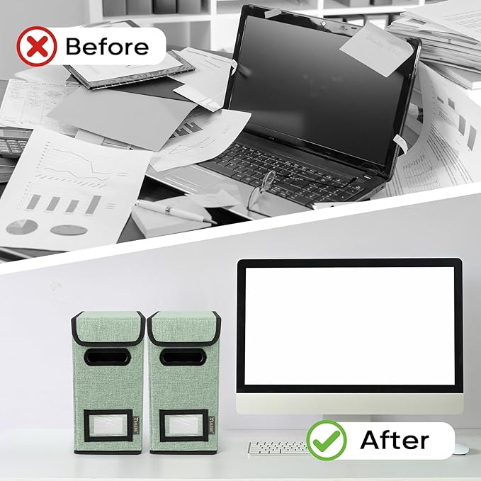BALEINE File Organizer Box with Lid, Collapsible File Folder Organizer with Plastic Slide, Hanging File Folder Box for Office Document Storage (2 Pack, Green, S)