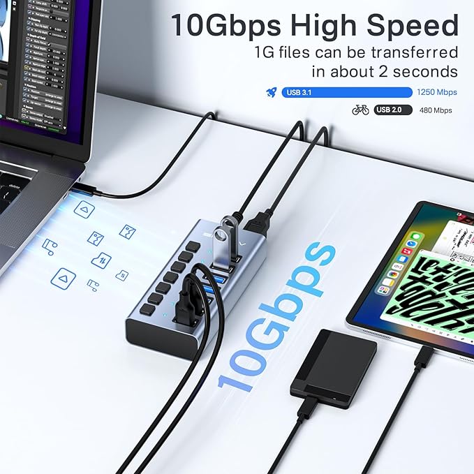 Powered USB 3.1 Hub, ACASIS 7 Ports USB 3.1 Hub with 10Gbps Data Speed，Aluminum Housing, USB Hub Powered with 24W Power Adapter, USB Hub for PC/Laptop, Computer, Flash Drive, Printer, Camera