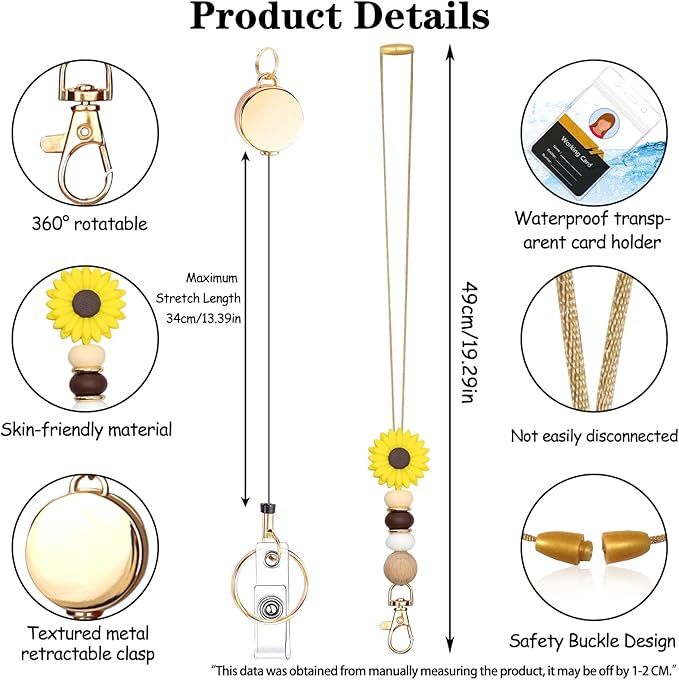 Colorful ID Badge Holder with Silicone Beads Lanyard Set,Cute Teacher Breakaway Lanyard for Keys & Keychain with Cute Retractable Badge Reel Holder,Gift for Women,Nurse, Teacher. (Yellow Daisy)