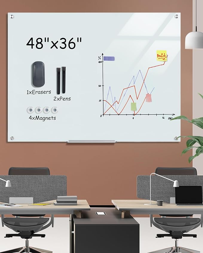 Magnetic Glass Whiteboard，48"x36" Wall Mounted Frameless Dry Erase Board for Office, Home & School White