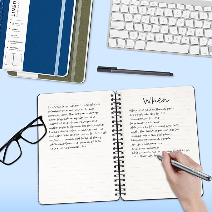 Lined Spiral Journal Notebook, A5 Hardcover Leather Notebook for Work, 5.7''×8.2'', 100GSM Thick Paper Spiral Bound Journaling Notebooks for Women & Men Office School Note Taking Business, Blue