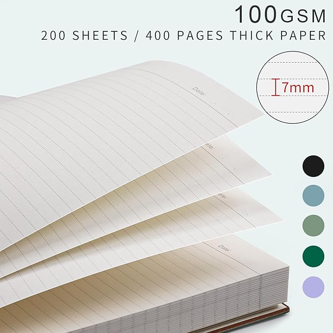 EMSHOI A4 College Ruled Notebook Journal- 400 Pages (200 sheets), 7mm Spacing & Vegan Leather Cover for Work, School, Bible Study, Bullet Journaling- with Sticky Notes, Pocket & Pen Holder -Dark Green