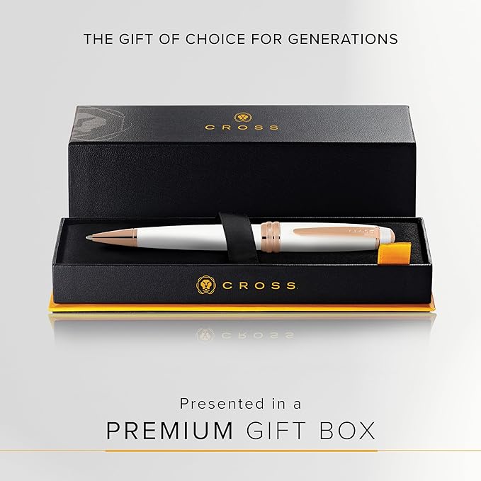 Cross Bailey Refillable Ballpoint Pen Presented in a Premium Gift Box - Medium Point, Black Ink, White & Rose Gold