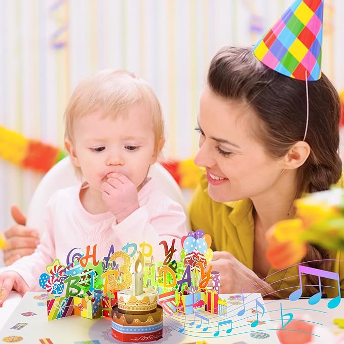 Gumry 3RD Musical Birthday PopUp Card, Blowable Colorful Light Candle 3D Cards with Song, Applause Cheers Sound, Greeting Cards Birthday Gifts Decorations for Daughter Son Turning 3 Years Old