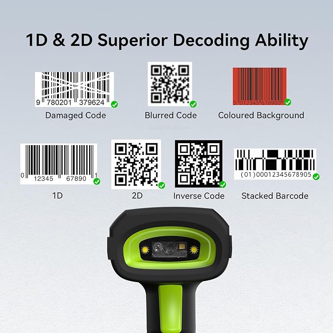 Alacrity Long-Range Scanning Industrial Barcode Scanner, 1D/2D Symbologies, Wireless Charging, Long-Distance 433MHz Wireless & Bluetooth Connectivity, Shock and Dust-Proof Barcode Reader, Green