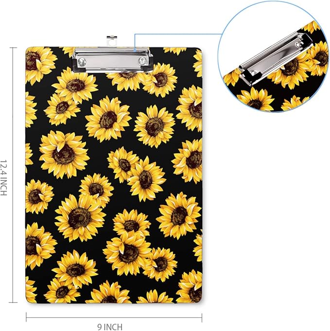 WAVEYU Clipboard, Cute Clipboard for Office, Decorative Clipboard with Low Profile Clip Design for Women Girl, Retractable Key Hole for Hanging Paperboard for Office School 12.5''x 9'', Sunflower