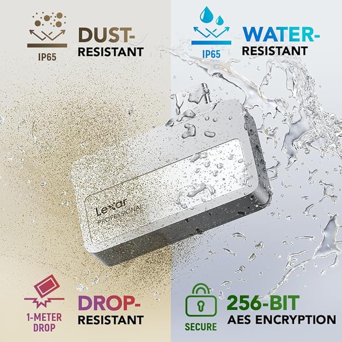 Lexar 1TB Professional Go Portable SSD w/Hub, Supports Apple 4K 60fps ProRes, Up to 1050MB/s, USB 3.2 Gen 2, Rugged, IP65, Ultracompact, Compatible w/iPhone 15/16, External SSD (LSL400S001T-RNSNU)