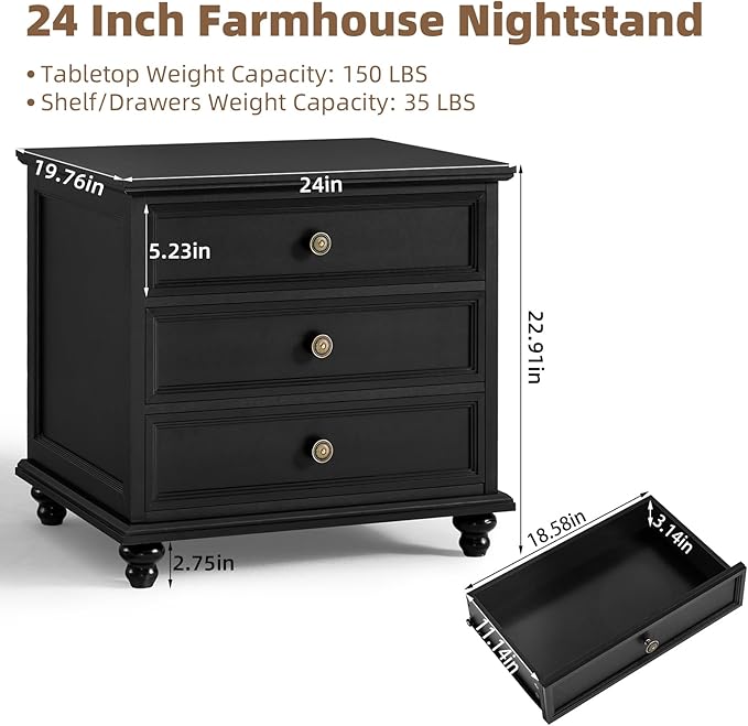 24" Wide Farmhouse Night Stand Set of 2,Large End Table with 3 Drawers & Metal Handle,Wood Dresser for Bedroom Cabinet, Bed Side Table Chest of Drawers,Nightstand for Living Room,Closet,Black