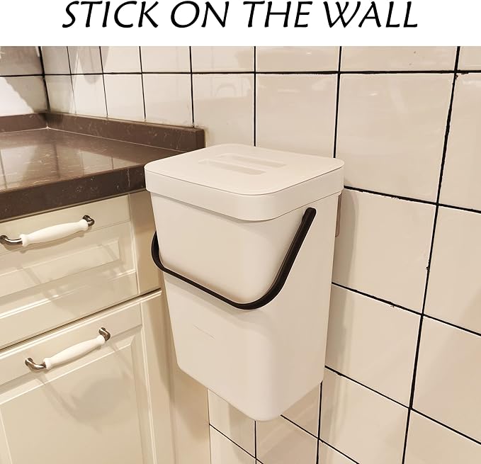 stonespace Hanging Trash Can, 3.2 Gallon/12L Small Waste Bin with Lid for Kitchen Cabinet Door or Under Sink, Bathroom Trash Bin with Lid, Food Waste Bin, 1 Pack White