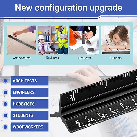 DIVINA VITAE 4pcs Architectural Scale Ruler, Aluminum, 12 Inch Imperial Engineering Scale Triangular Ruler for Architect, Civil Engineer, Draftsman