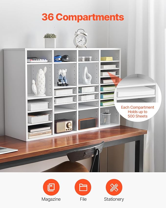 VEVOR Literature Organizer, 36 Compartments Office Mailbox with Adjustable Shelves, Wooden Mailbox Sorter Medium Density Fiberboard Office Home Classroom Storage for Files, Documents, Papers, White