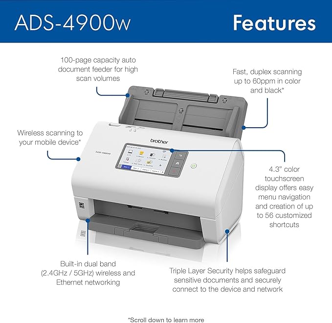 Brother ADS-4900W Professional Desktop Scanner with Fast Scan Speeds, Duplex, Wireless, and Large Touchscreen, White