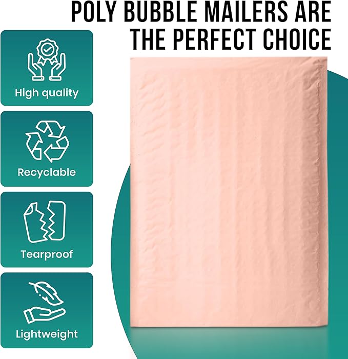 Levex - #000 4" x 8" [5 Pack] Light Pink Poly Bubble Mailers, Padded Envelope Mailers, Packing Envelope & Mailing Bags for Shipping
