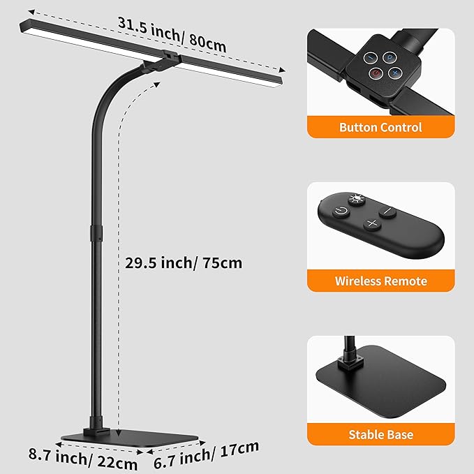 Desk Lamp Architect Task Dual Head Modern Flexible Gooseneck Tall Dimmable Light for Home Office, 5 Color Modes,Remote Control, 1500lm 24W Extra Bright Lighting