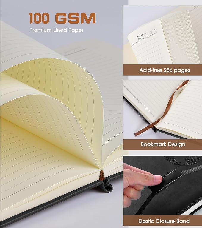 Lined Journal Notebook for Women Men,256 Pages B5 Large Hardcover Leather Journals for Writing,Travel,Business,Work,School,College Ruled Notebooks for Note Taking,Diary Notepad 7.8"×10.2"