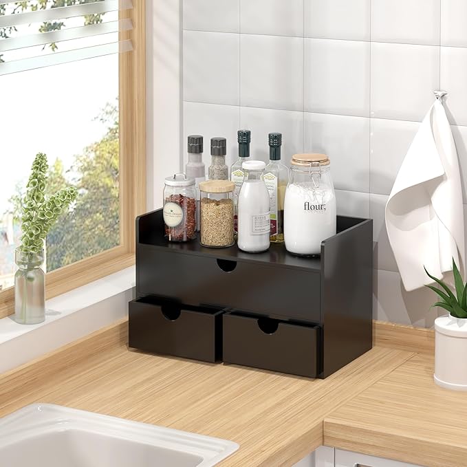 Bamboo Desk Organizer with Drawers Desktop Storage Drawers for Bills Office Supplies Kitchen Utensils Organizing Tool for Home Classroom Organization No Assembly (Black with Shelf)