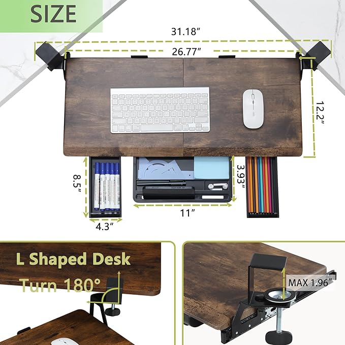 ETHU Keyboard Tray Under Desk, Ergonomic Corner Keyboard Tray with 180° Adjustable C Clamp for L Shape Desk 26.77" X 12.2" Easy to Install, Computer Keyboard Stand for Home and Office(Wood)