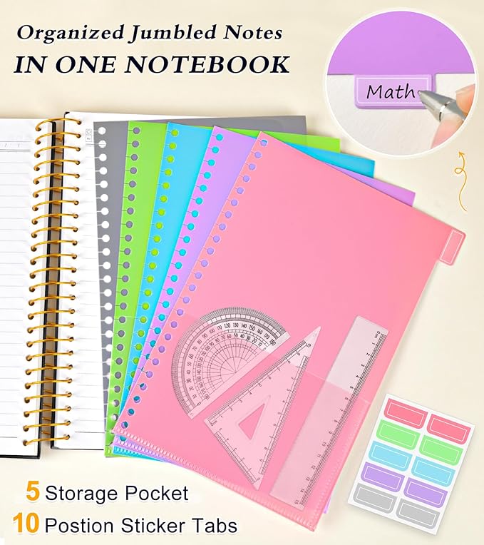 5 Subject Notebook College Ruled, Hardcover Spiral Notebook with Removable Pocket Dividers Tabs, 240 Pages Lined Spiral Journal Notebook for Women, 6x8.5 Notebooks for Work School Note taking A5 Black