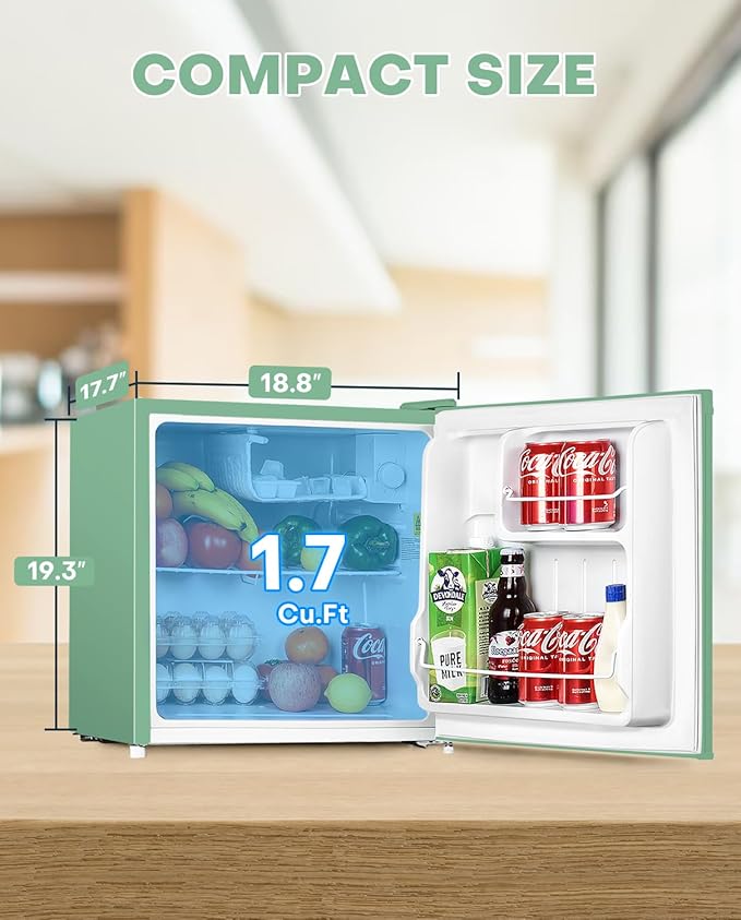 Upstreman 1.7 Cu.ft Mini Fridge with Freezer, Dorm Essentials, Adjustable Thermostat, Energy Saving, Low Noise, Single Door Compact Refrigerator for Dorm, Office, Bedroom, Mint Green-FR17