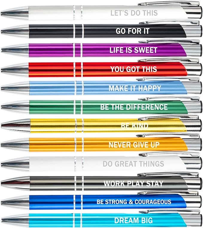 PASISIBICK 12 Pieces Inspirational Motivational Quote Ballpoint Pens Gifts Encouraging Metal Writing Pen for Students Coworkers Teacher Bosses, 12 Colors