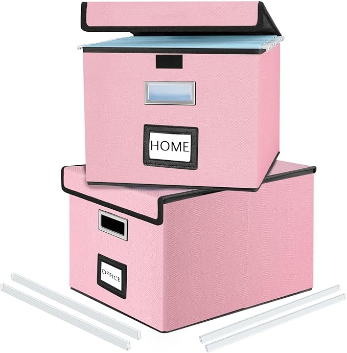 Huolewa Collapsible File Storage Organizer Boxes with Lids, Linen Document Storage, Universal Hanging Filing Organization Boxes for Letter/Legal, Decorative Office/Home File Bins - Boxes Only(2 Pack)